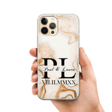 Lade das Bild in den Galerie-Viewer, influencer Handdyhülle Marmor Initialen mit Wunschdatum als Trendsetter für Iphone Samsung und Huawei